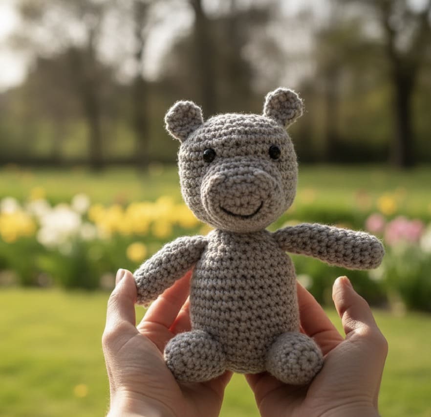 Handmade crochet hippo toy held in hands with a blurred park background
